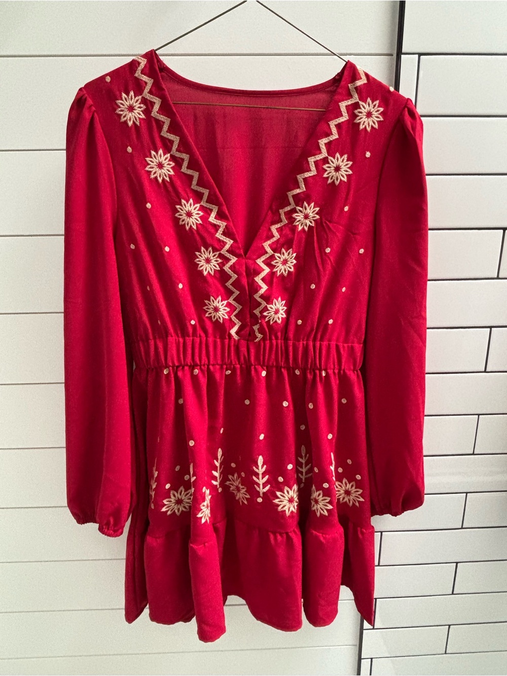 SHEIN Red Embroidered V-Neck Tunic